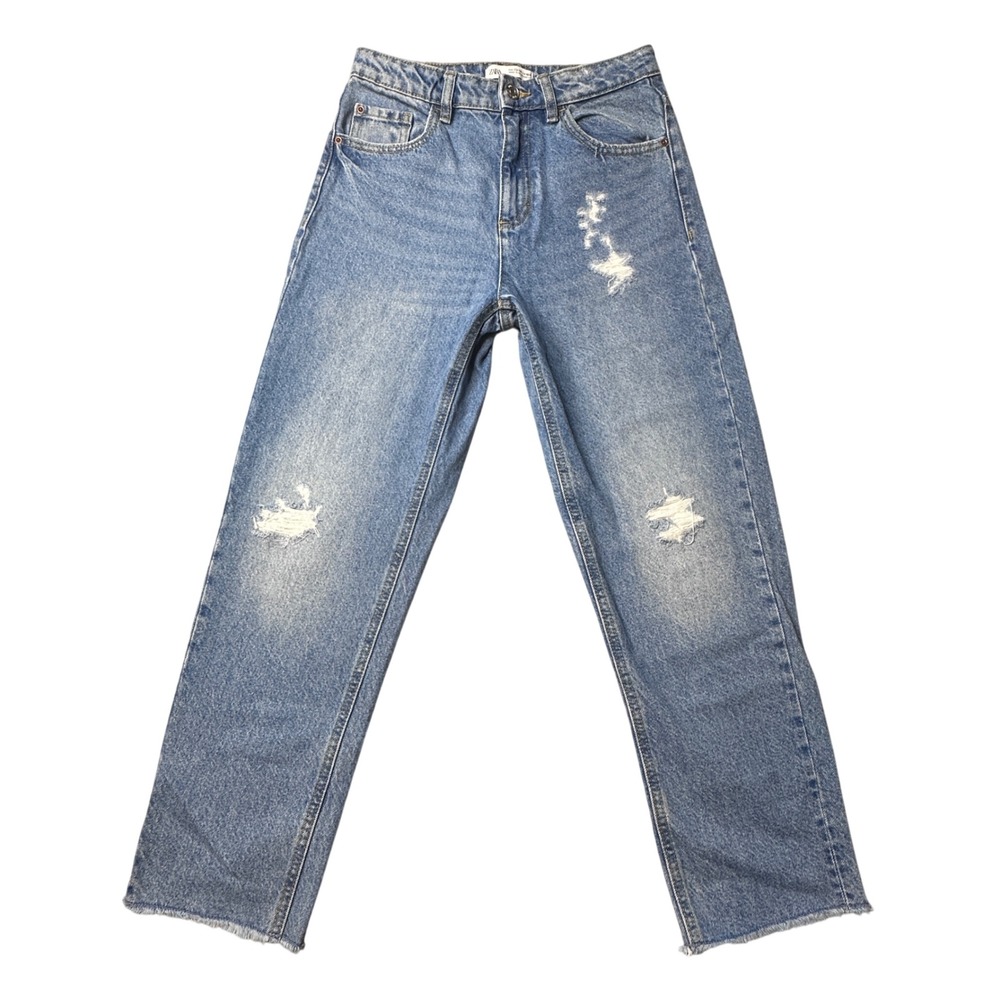 Zara Jeans Girls 13-14 Blue Straight Leg Distressed‎ Ripped Raw Hem Adjustable